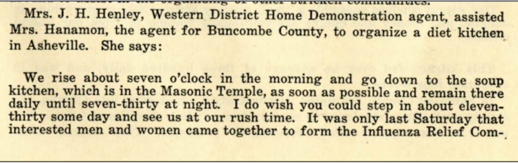 1 of 2 parts of a journal article discussing the Buncombe County Cooperative Extension's work during the 1918 flu pandemic. 